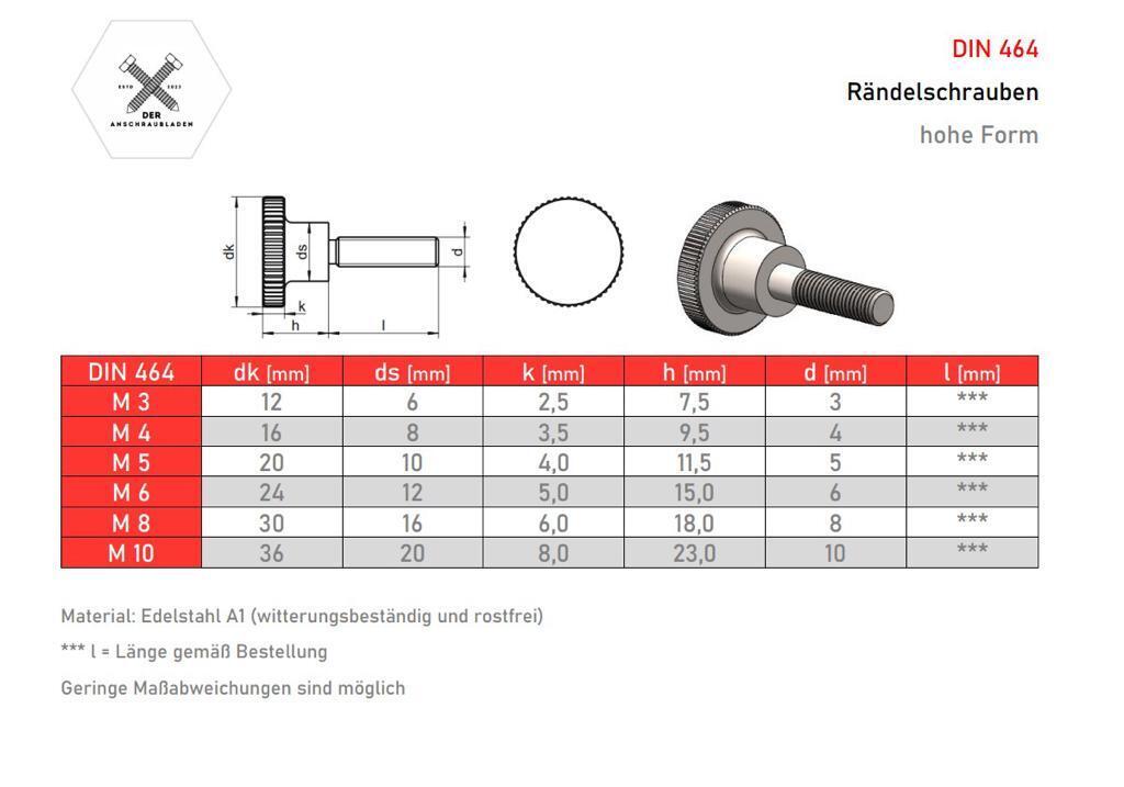 Rändelschraube | Stellschraube | Daumenschraube | Handschraube DIN 464 hohe Form Edelstahl A1