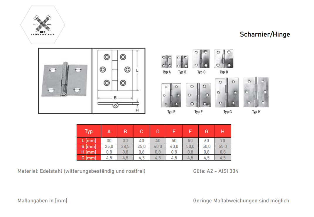 Scharnier Hinge Edelstahl A2 | V2A rostfrei Klavierband Türscharnier Türband Zimmertür Schrank Schublade Beschlag klappbar