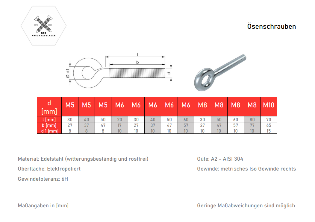 Ösenschraube | Schraubhaken | Augenschraube | Ringschraube metrisches Gewinde Edelstahl A2|V2A