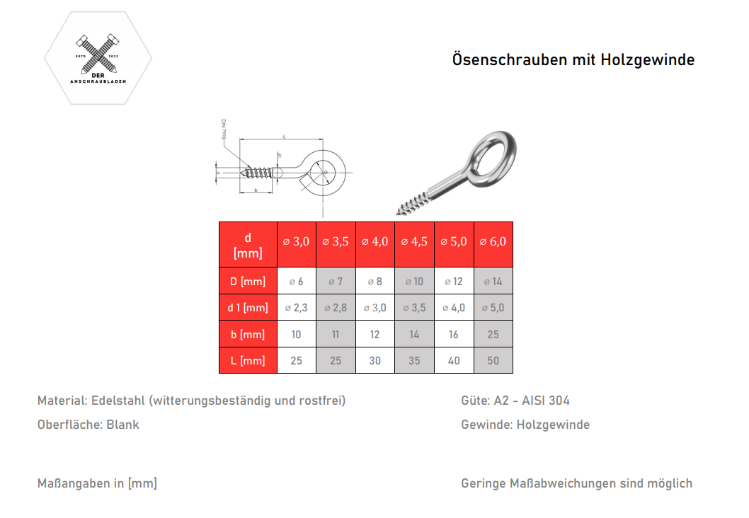 Ösenschraube | Schraubhaken | Augenschraube | Ringschraube Holzgewinde Edelstahl A2|V2A