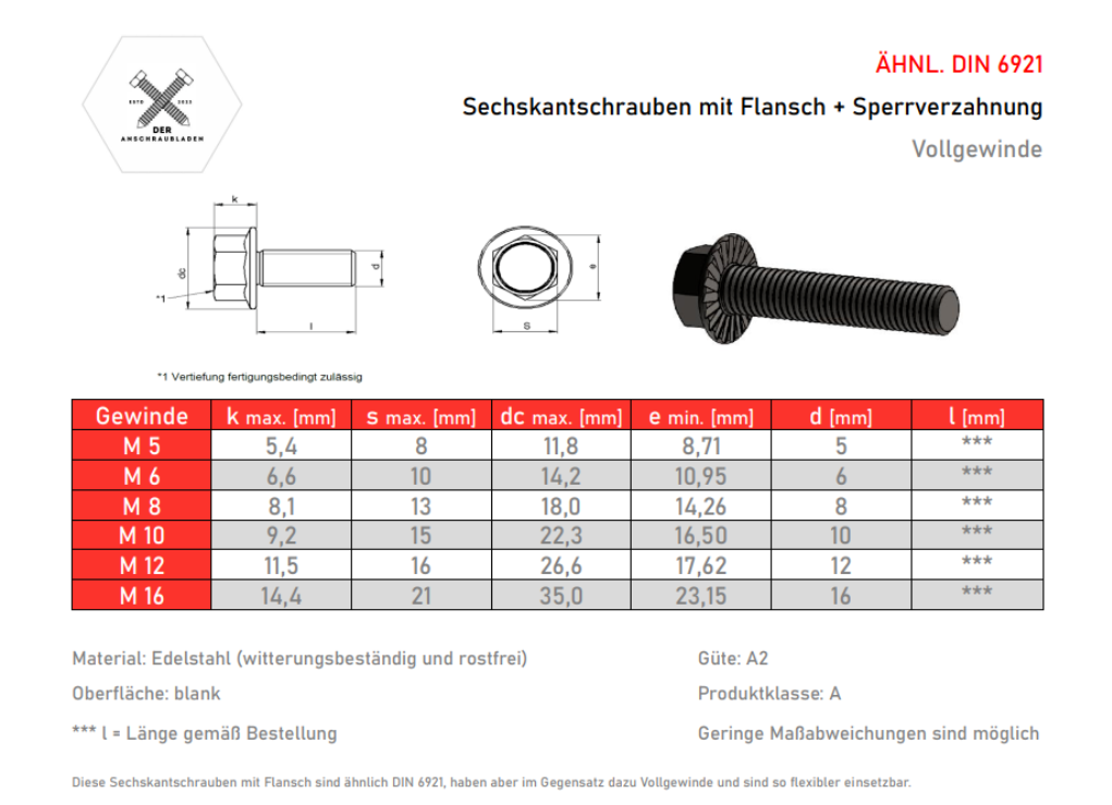 M5 M6 Sechskantschraube | Flanschschraube | Bundschraube | Bolzen ähnl. DIN 6921 mit Sperrverzahnung Edelstahl A2 V2A
