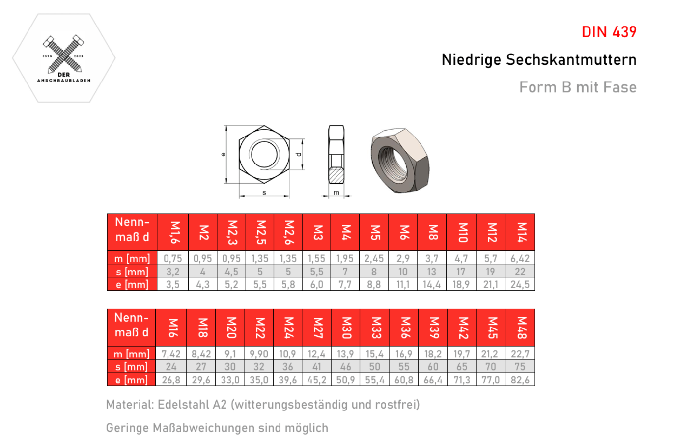 Mutter | Sechskantmutter | Feingewinde niedrige Form flach DIN 439 Edelstahl A2 | V2A